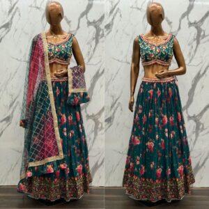 Mehndi Lehanga (2024 Collection) - Dark Green with Pink Flowers