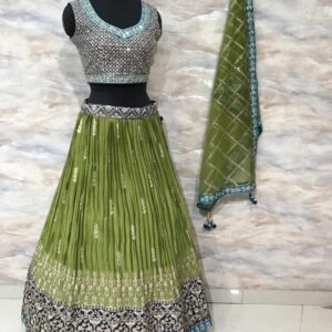 Mehndi Lehanga (2024 Collection) - Green with Black and Cyan