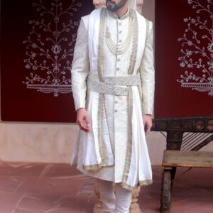 Mens Wear (New Collection) 2024 - White Sherwani with Pugh
