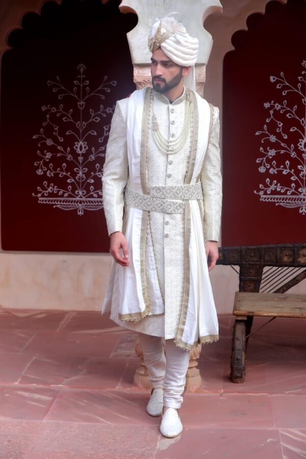 Mens Wear (New Collection) 2024 - White Sherwani with Pugh